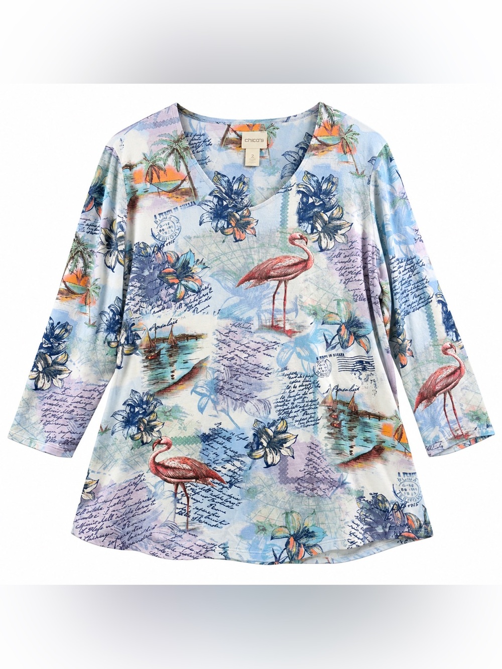 Chico’s Size 2 Tropical Flamingo Postcard Print 3/4 Sleeve Cotton Top